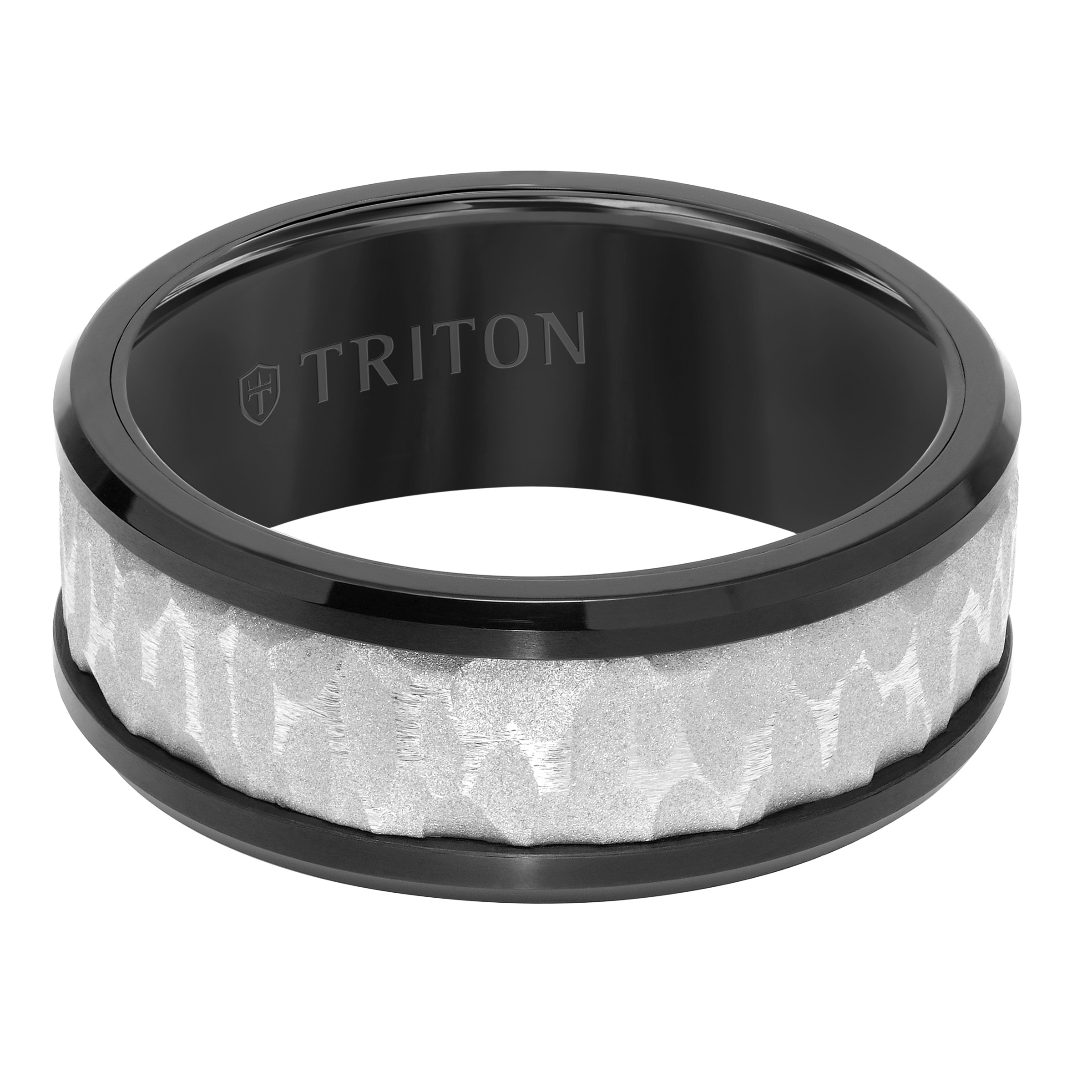 Triton Black Tungsten Carbide/Grey Center Engraved Band - Sz 10